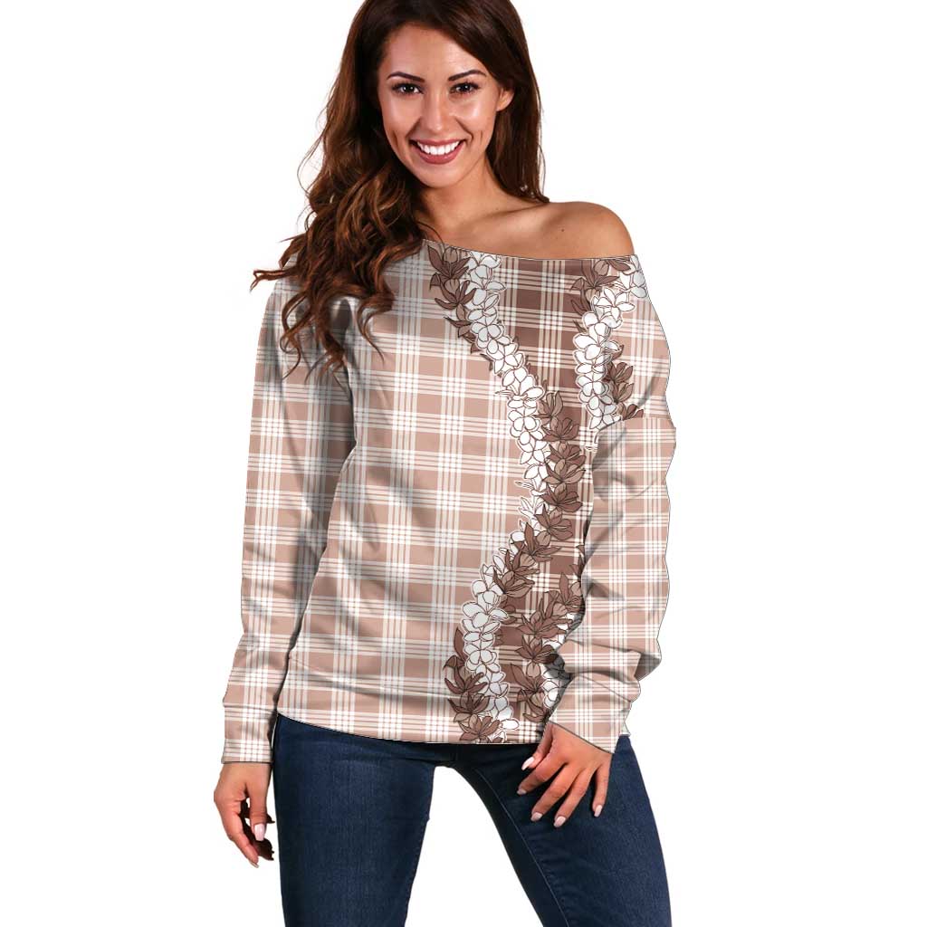 Beige Hawaii Palaka Off Shoulder Sweater Hawaiian Honohono Lei LT05 Women Beige - Polynesian Pride