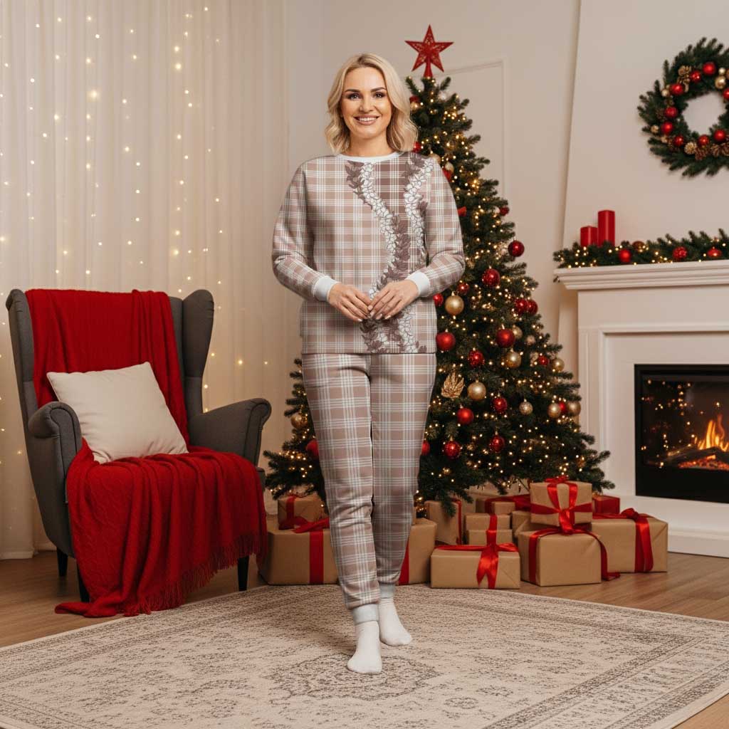 Beige Hawaii Palaka Pajama Set Hawaiian Honohono Lei
