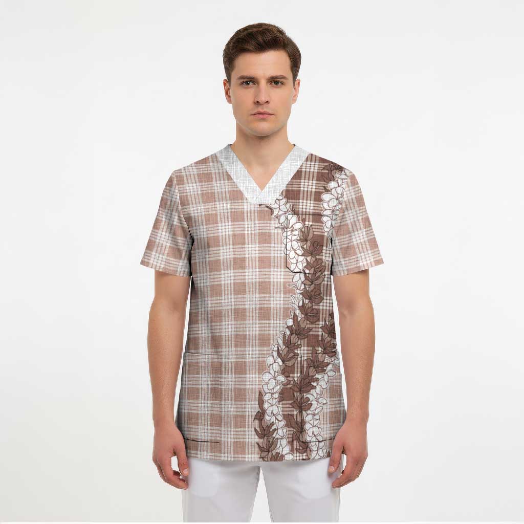 Beige Hawaii Palaka Scrub Top Hawaiian Honohono Lei