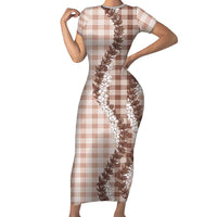 Beige Hawaii Palaka Short Sleeve Bodycon Dress Hawaiian Honohono Lei LT05 Long Dress Beige - Polynesian Pride