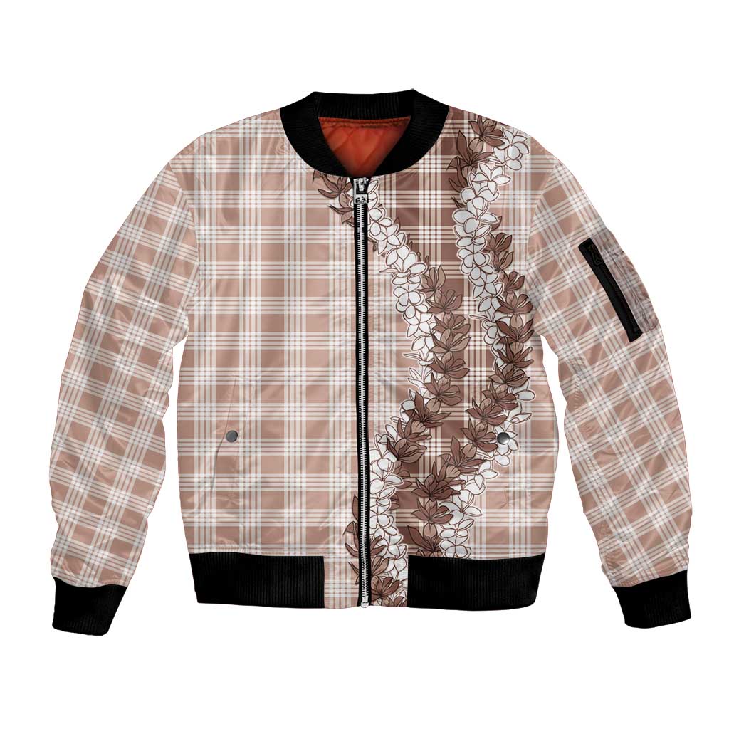 Beige Hawaii Palaka Sleeve Zip Bomber Jacket Hawaiian Honohono Lei LT05 Unisex Beige - Polynesian Pride