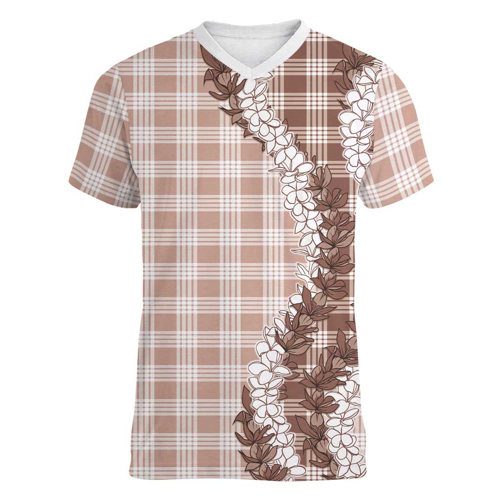 Beige Hawaii Palaka Women V-Neck T-Shirt Hawaiian Honohono Lei LT05 Female Beige - Polynesian Pride