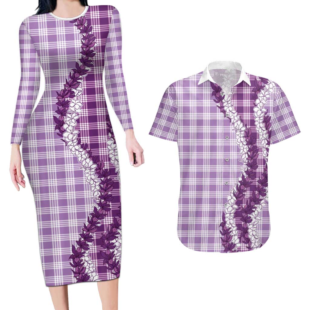 Violet Hawaii Palaka Couples Matching Long Sleeve Bodycon Dress and Hawaiian Shirt Hawaiian Honohono Lei
