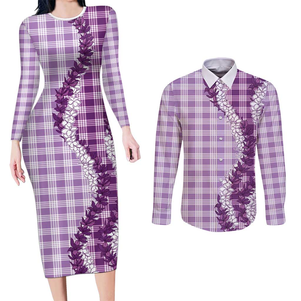 Violet Hawaii Palaka Couples Matching Long Sleeve Bodycon Dress and Long Sleeve Button Shirt Hawaiian Honohono Lei LT05 Violet - Polynesian Pride