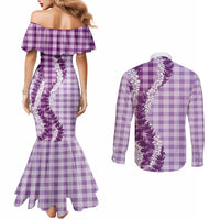 Violet Hawaii Palaka Couples Matching Mermaid Dress and Long Sleeve Button Shirt Hawaiian Honohono Lei LT05 - Polynesian Pride