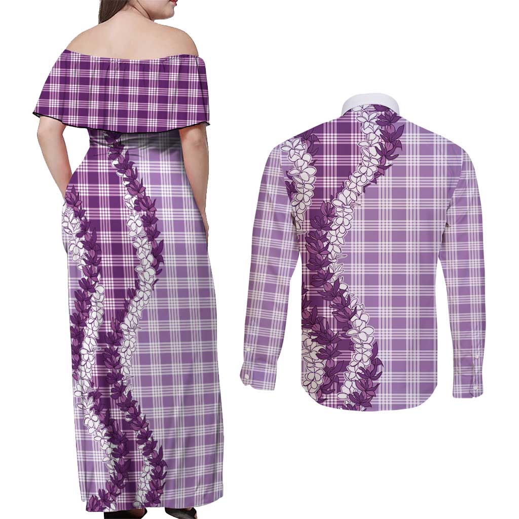 Violet Hawaii Palaka Couples Matching Off Shoulder Maxi Dress and Long Sleeve Button Shirt Hawaiian Honohono Lei LT05 - Polynesian Pride