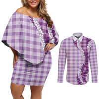 Violet Hawaii Palaka Couples Matching Off Shoulder Short Dress and Long Sleeve Button Shirt Hawaiian Honohono Lei LT05 Violet - Polynesian Pride