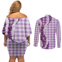 Violet Hawaii Palaka Couples Matching Off Shoulder Short Dress and Long Sleeve Button Shirt Hawaiian Honohono Lei LT05 - Polynesian Pride