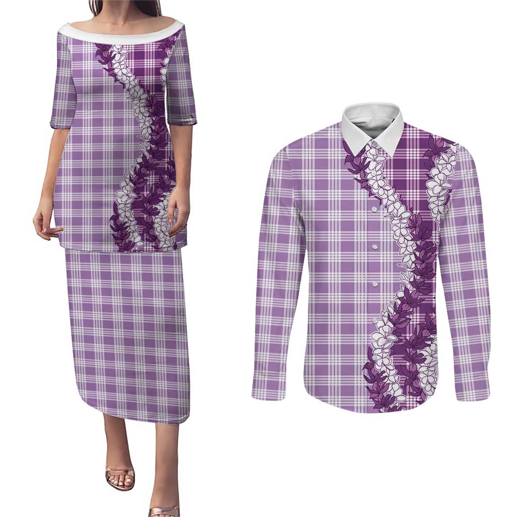 Violet Hawaii Palaka Couples Matching Puletasi and Long Sleeve Button Shirt Hawaiian Honohono Lei LT05 Violet - Polynesian Pride