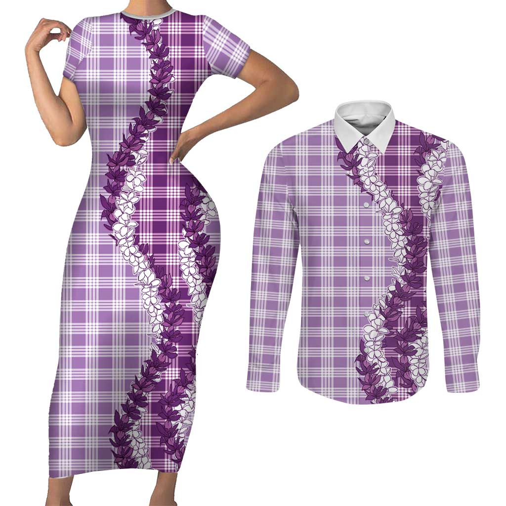 Violet Hawaii Palaka Couples Matching Short Sleeve Bodycon Dress and Long Sleeve Button Shirt Hawaiian Honohono Lei LT05 Violet - Polynesian Pride