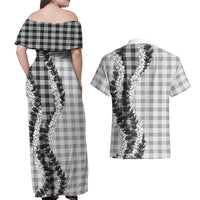 Gray Hawaii Palaka Couples Matching Off Shoulder Maxi Dress and Hawaiian Shirt Hawaiian Honohono Lei