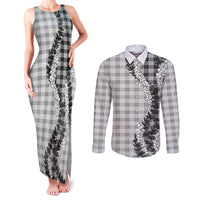 Gray Hawaii Palaka Couples Matching Tank Maxi Dress and Long Sleeve Button Shirt Hawaiian Honohono Lei LT05 Gray - Polynesian Pride