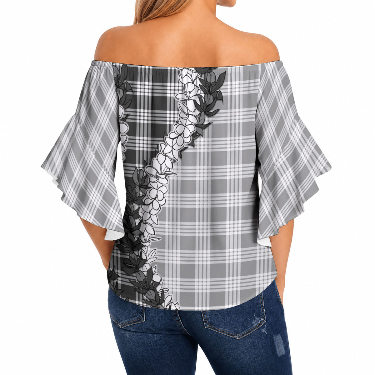 Gray Hawaii Palaka Off Shoulder Wrap Waist Top Hawaiian Honohono Lei LT05 - Polynesian Pride