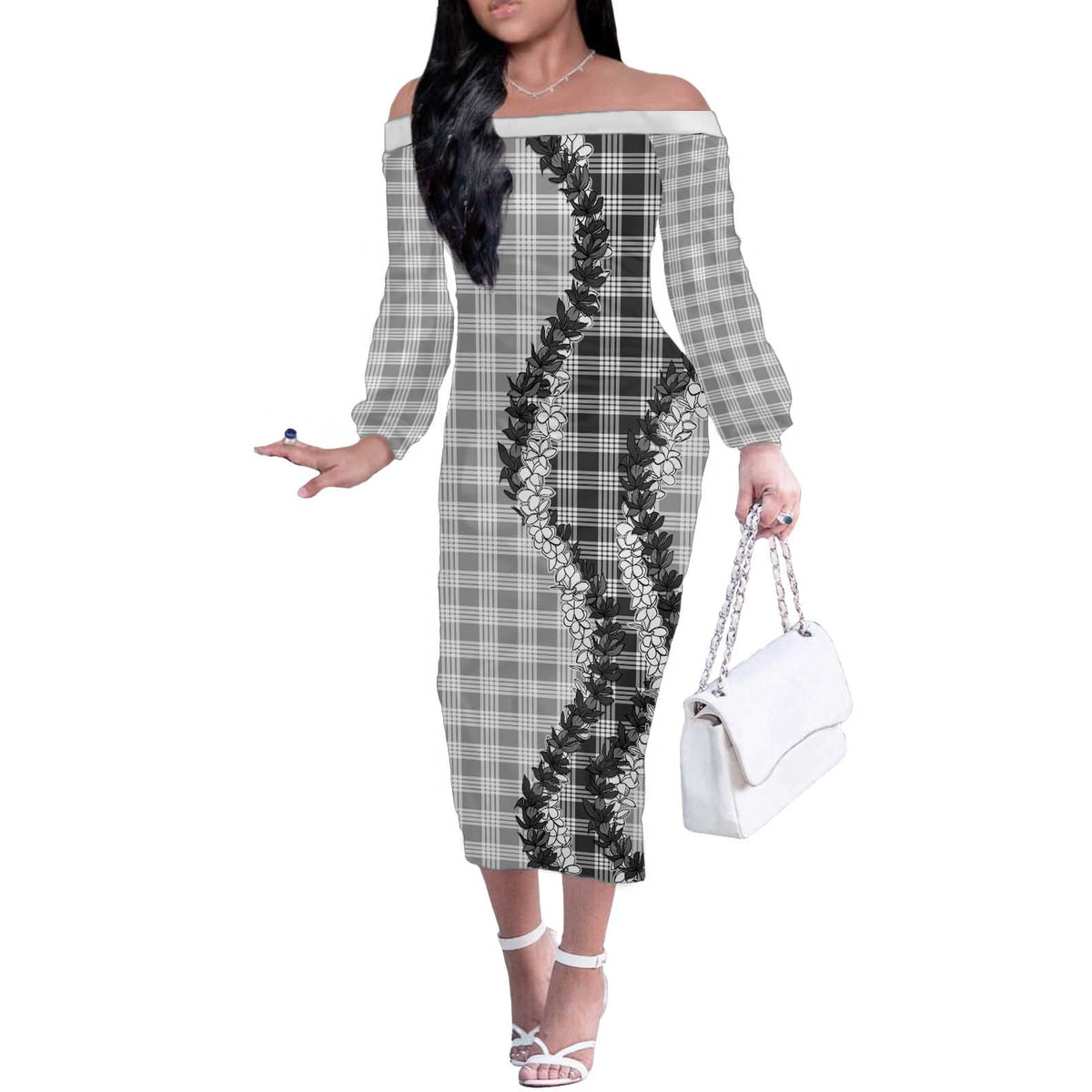 Gray Hawaii Palaka Off The Shoulder Long Sleeve Dress Hawaiian Honohono Lei LT05 Women Gray - Polynesian Pride