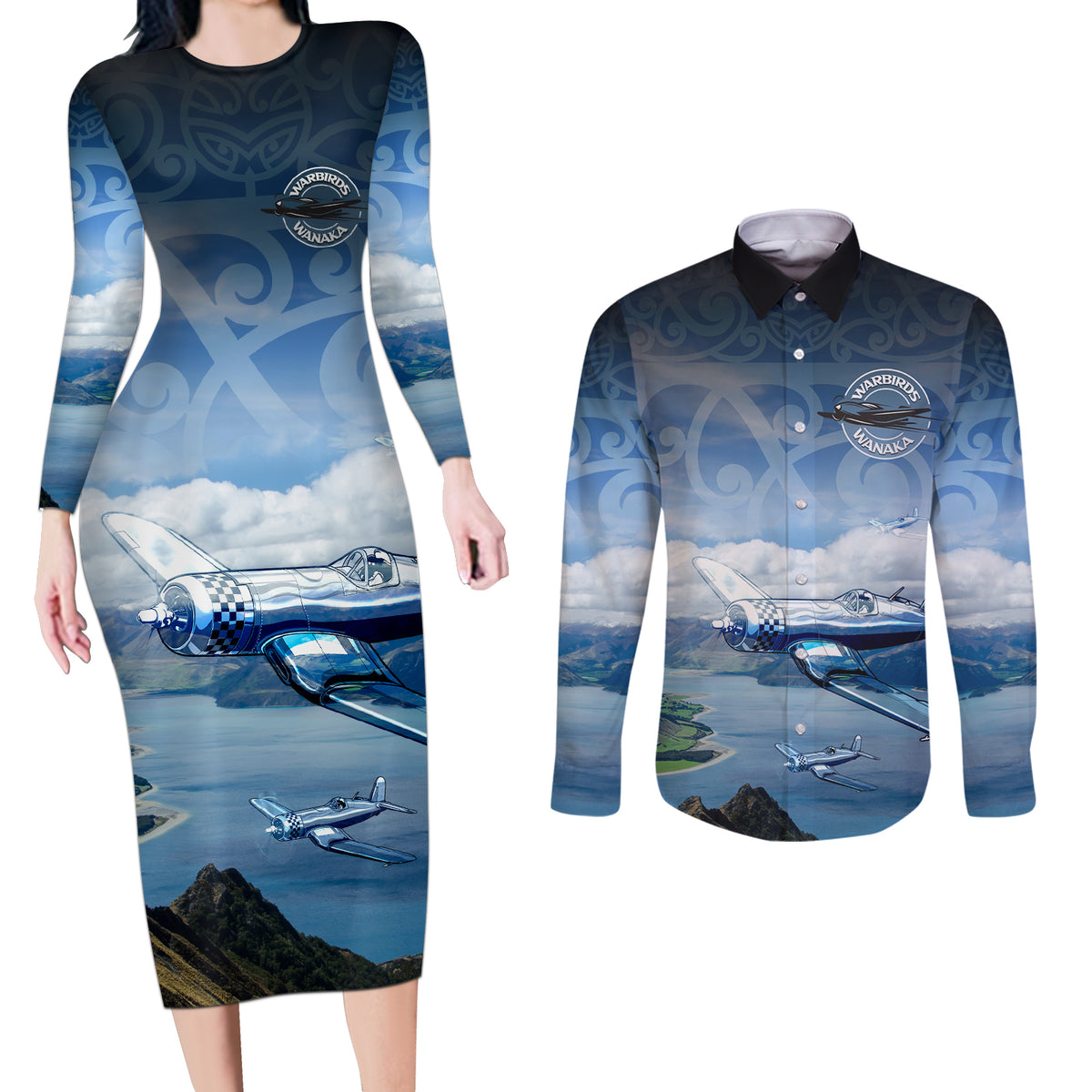 New Zealand Wanaka Air Show Couples Matching Long Sleeve Bodycon Dress and Long Sleeve Button Shirt With Maori Pattern LT05 Blue - Polynesian Pride