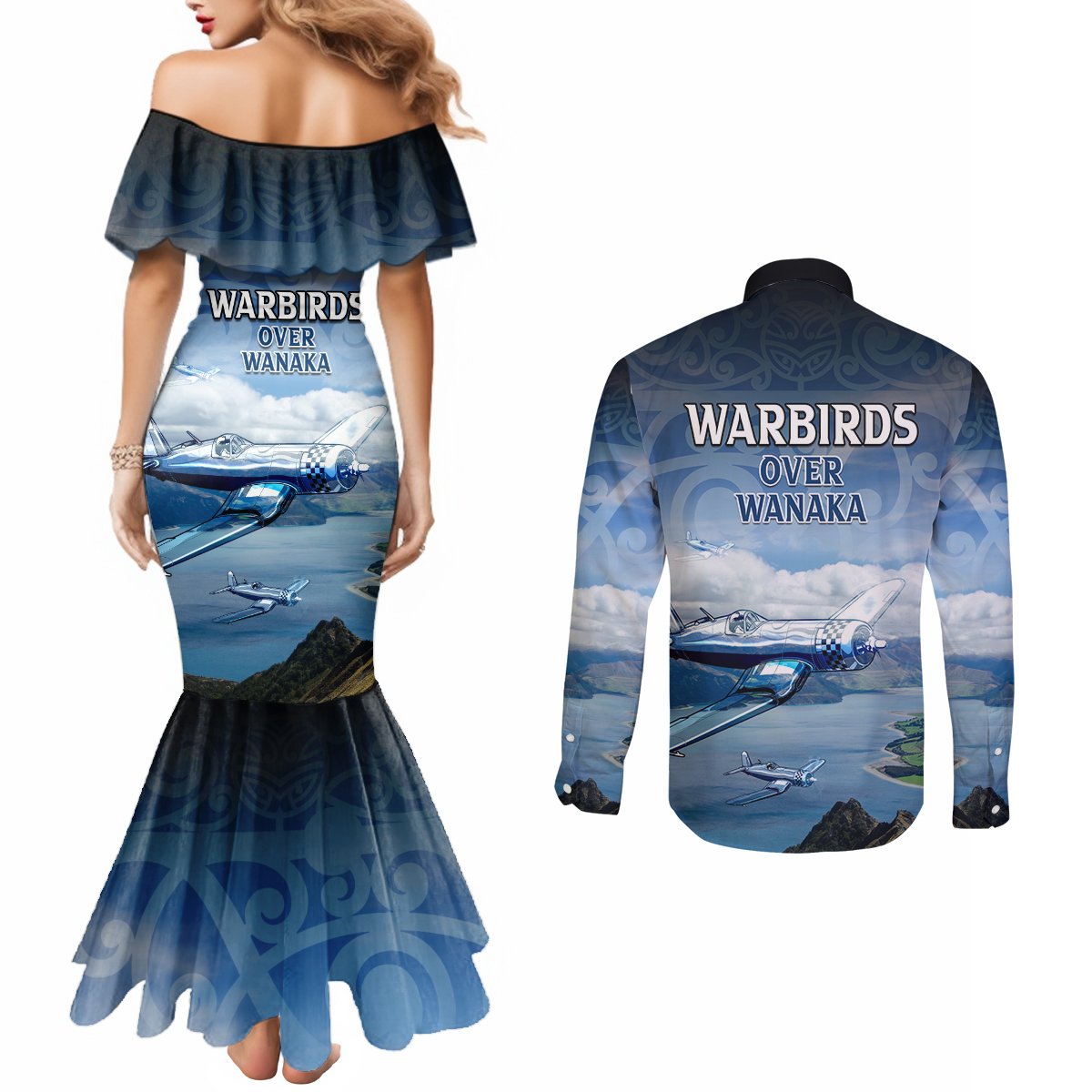 New Zealand Wanaka Air Show Couples Matching Mermaid Dress and Long Sleeve Button Shirt With Maori Pattern LT05 - Polynesian Pride