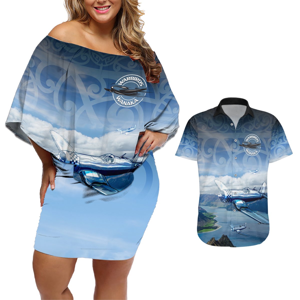 New Zealand Wanaka Air Show Couples Matching Off Shoulder Short Dress and Hawaiian Shirt With Maori Pattern LT05 Blue - Polynesian Pride