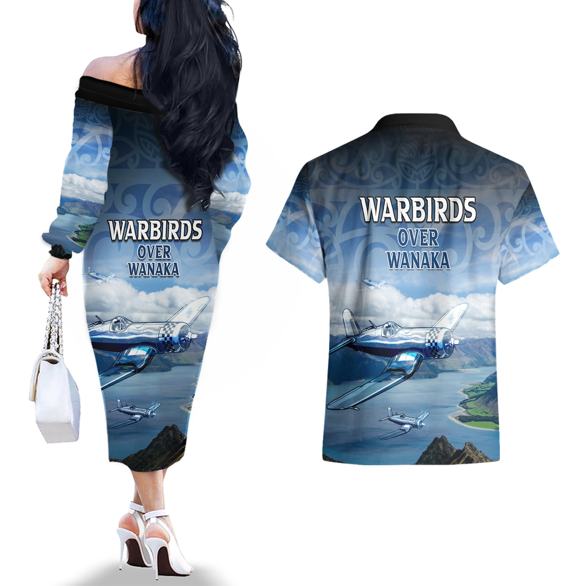 New Zealand Wanaka Air Show Couples Matching Off The Shoulder Long Sleeve Dress and Hawaiian Shirt With Maori Pattern