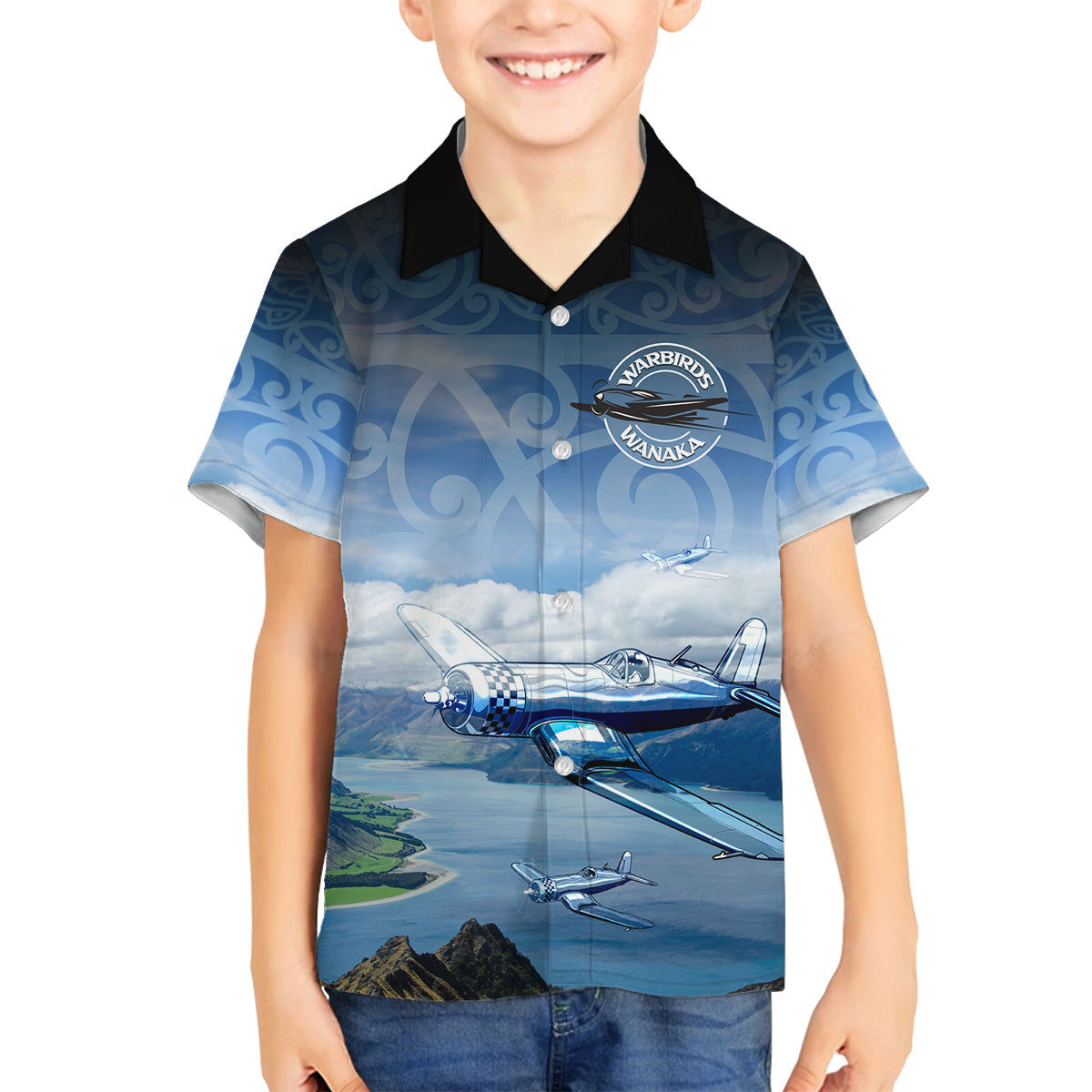 New Zealand Wanaka Air Show Family Matching Off Shoulder Maxi Dress and Hawaiian Shirt With Maori Pattern