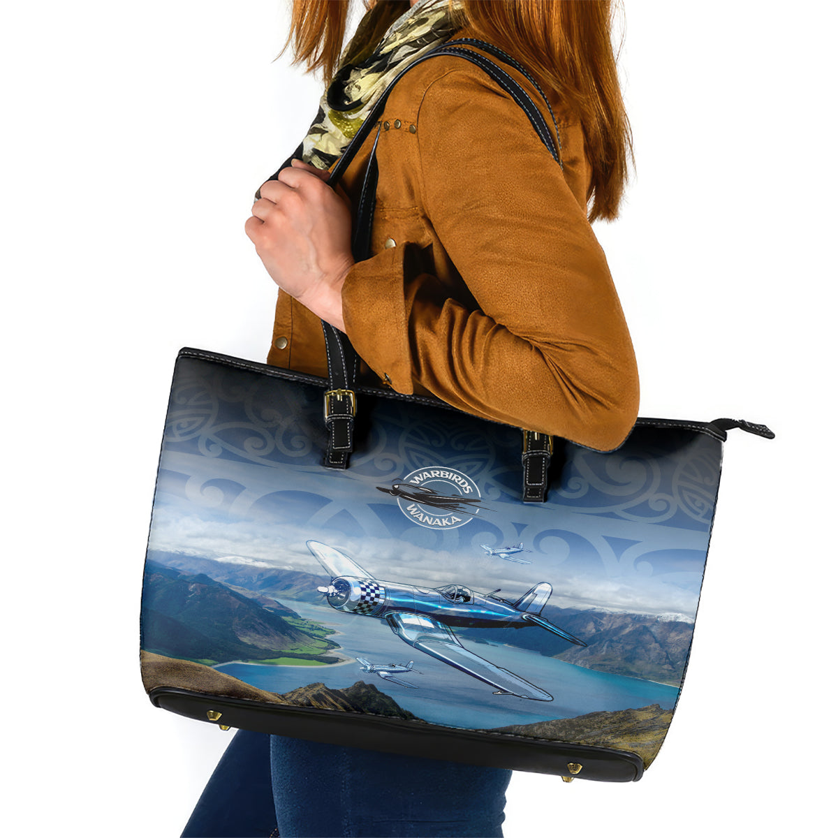 New Zealand Wanaka Air Show Leather Tote Bag With Maori Pattern LT05 Blue - Polynesian Pride