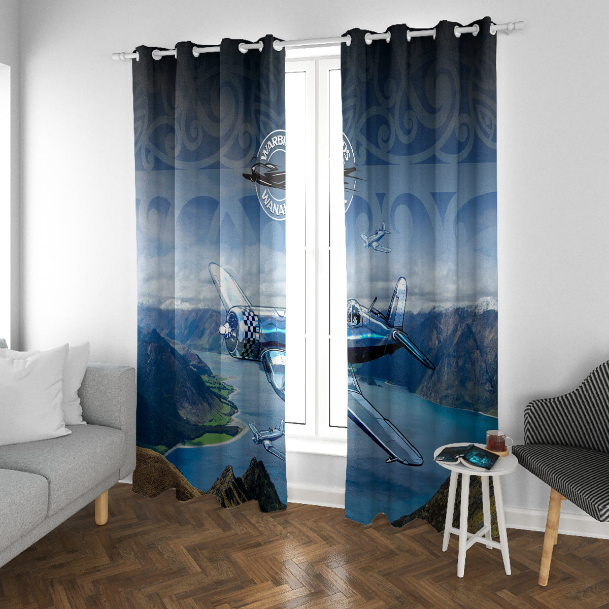 New Zealand Wanaka Air Show Window Curtain With Maori Pattern LT05 With Grommets Blue - Polynesian Pride