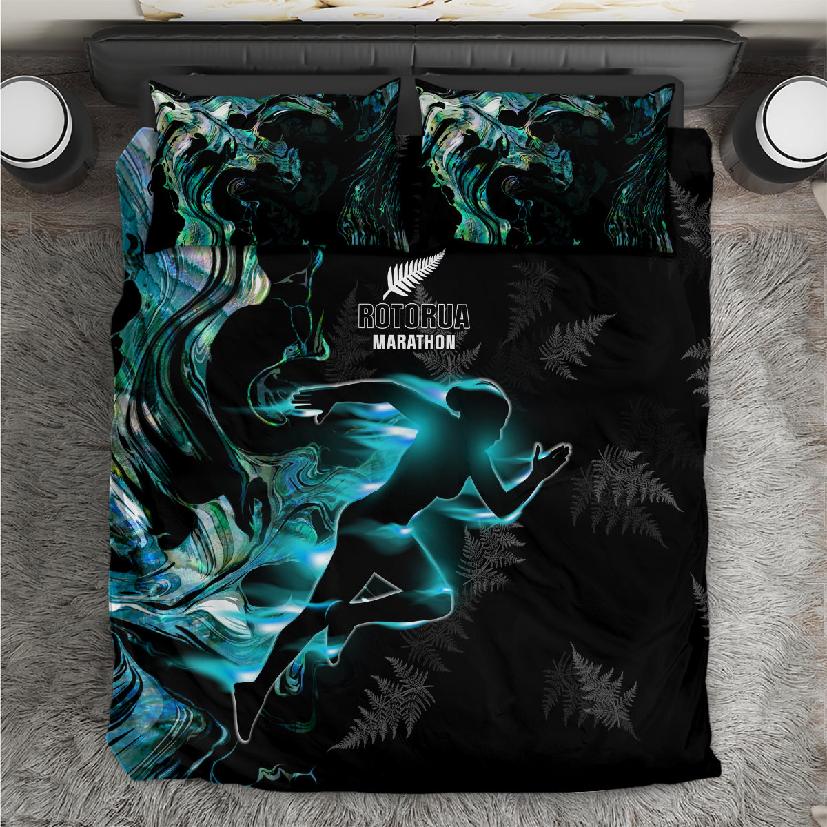 New Zealand Marathon Bedding Set Silver Fern Paua Shell Simple Style