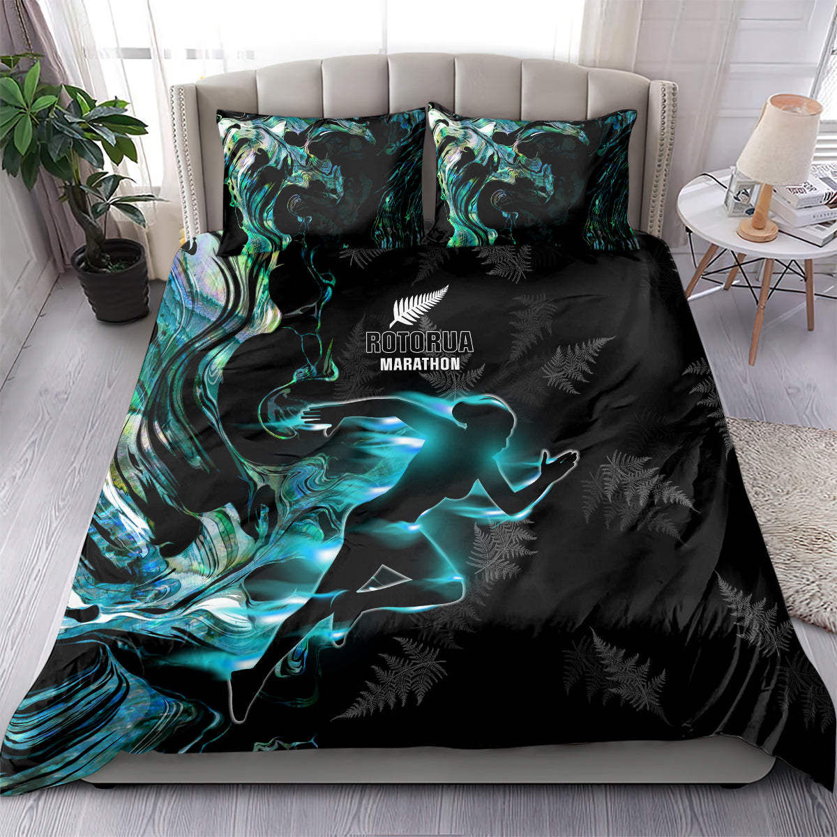 New Zealand Marathon Bedding Set Silver Fern Paua Shell Simple Style