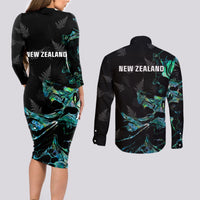 New Zealand Marathon Couples Matching Long Sleeve Bodycon Dress and Long Sleeve Button Shirt Silver Fern Paua Shell Simple Style LT05 - Polynesian Pride