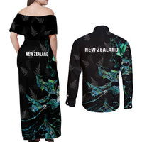New Zealand Marathon Couples Matching Off Shoulder Maxi Dress and Long Sleeve Button Shirt Silver Fern Paua Shell Simple Style LT05 - Polynesian Pride