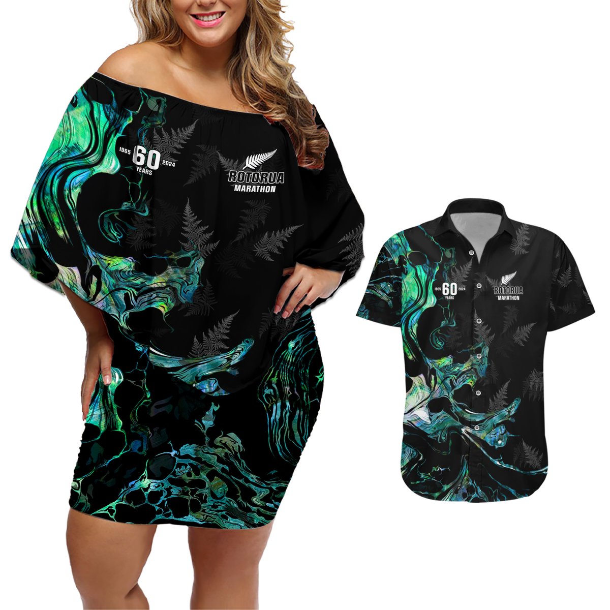 New Zealand Marathon Couples Matching Off Shoulder Short Dress and Hawaiian Shirt Silver Fern Paua Shell Simple Style LT05 Black - Polynesian Pride