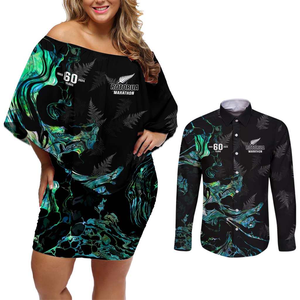 New Zealand Marathon Couples Matching Off Shoulder Short Dress and Long Sleeve Button Shirt Silver Fern Paua Shell Simple Style LT05 Black - Polynesian Pride