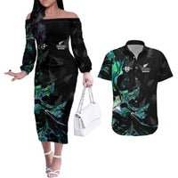 New Zealand Marathon Couples Matching Off The Shoulder Long Sleeve Dress and Hawaiian Shirt Silver Fern Paua Shell Simple Style