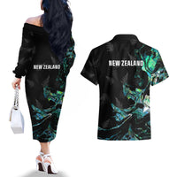 New Zealand Marathon Couples Matching Off The Shoulder Long Sleeve Dress and Hawaiian Shirt Silver Fern Paua Shell Simple Style
