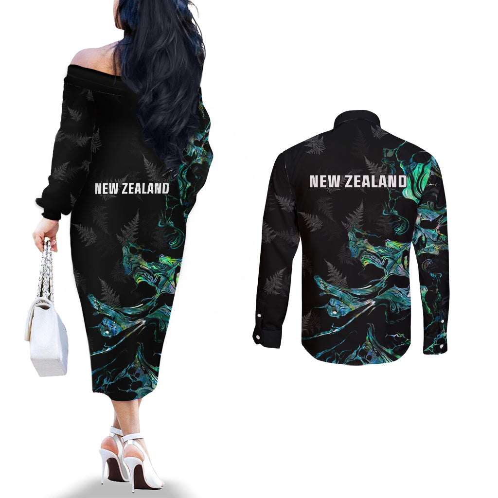 New Zealand Marathon Couples Matching Off The Shoulder Long Sleeve Dress and Long Sleeve Button Shirt Silver Fern Paua Shell Simple Style LT05 - Polynesian Pride
