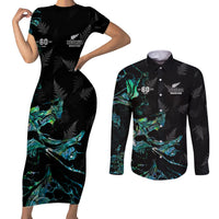 New Zealand Marathon Couples Matching Short Sleeve Bodycon Dress and Long Sleeve Button Shirt Silver Fern Paua Shell Simple Style LT05 Black - Polynesian Pride