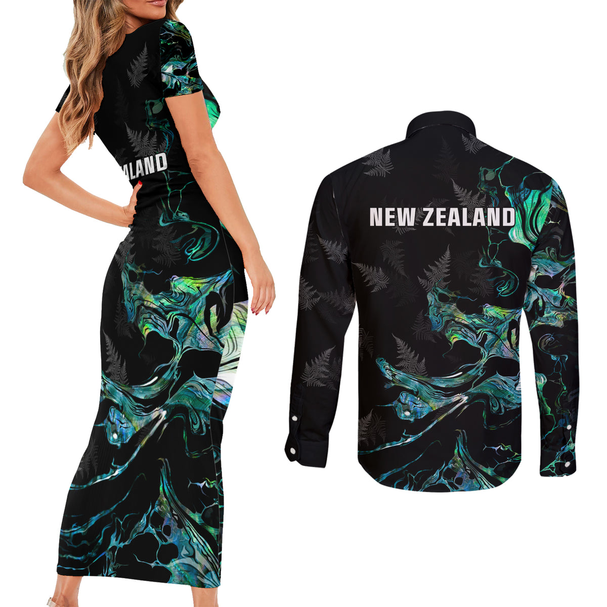 New Zealand Marathon Couples Matching Short Sleeve Bodycon Dress and Long Sleeve Button Shirt Silver Fern Paua Shell Simple Style LT05 - Polynesian Pride