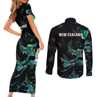 New Zealand Marathon Couples Matching Short Sleeve Bodycon Dress and Long Sleeve Button Shirt Silver Fern Paua Shell Simple Style LT05 - Polynesian Pride