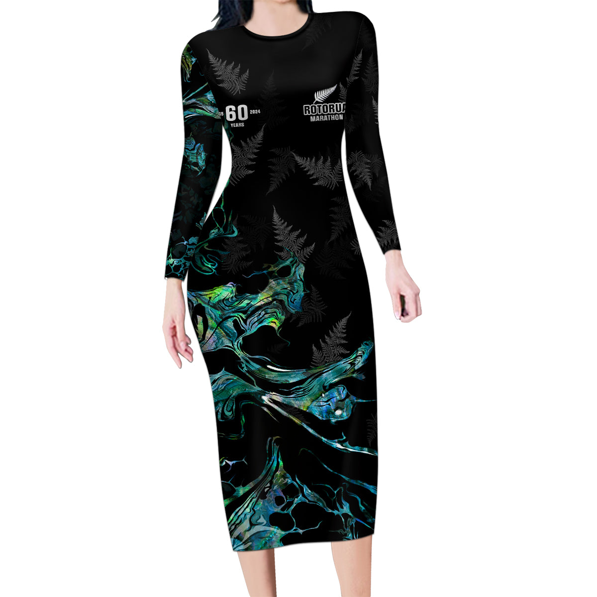 New Zealand Marathon Family Matching Long Sleeve Bodycon Dress and Hawaiian Shirt Silver Fern Paua Shell Simple Style LT05 Mom's Dress Black - Polynesian Pride