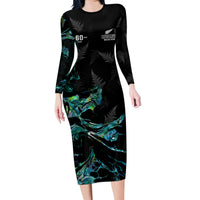 New Zealand Marathon Family Matching Long Sleeve Bodycon Dress and Hawaiian Shirt Silver Fern Paua Shell Simple Style LT05 Mom's Dress Black - Polynesian Pride