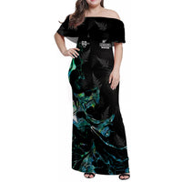 New Zealand Marathon Family Matching Off Shoulder Maxi Dress and Hawaiian Shirt Silver Fern Paua Shell Simple Style LT05 Mom's Dress Black - Polynesian Pride