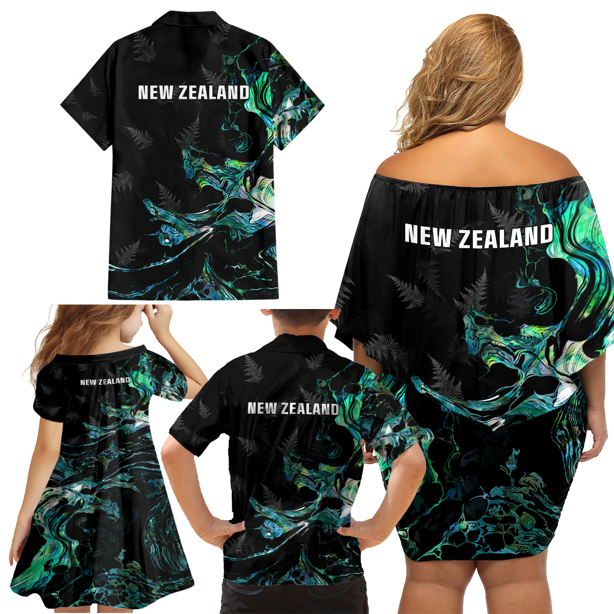 New Zealand Marathon Family Matching Off Shoulder Short Dress and Hawaiian Shirt Silver Fern Paua Shell Simple Style LT05 - Polynesian Pride