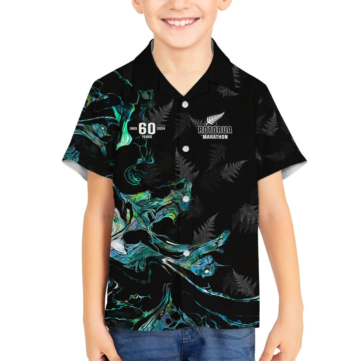 New Zealand Marathon Family Matching Off Shoulder Short Dress and Hawaiian Shirt Silver Fern Paua Shell Simple Style LT05 Son's Shirt Black - Polynesian Pride