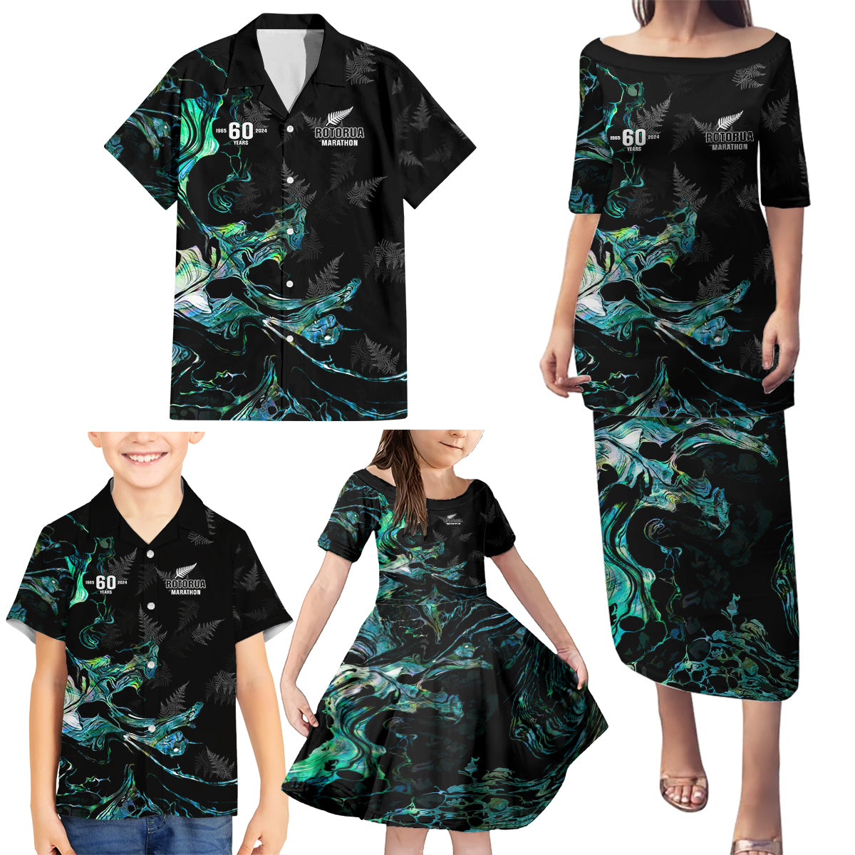 New Zealand Marathon Family Matching Puletasi and Hawaiian Shirt Silver Fern Paua Shell Simple Style LT05 - Polynesian Pride
