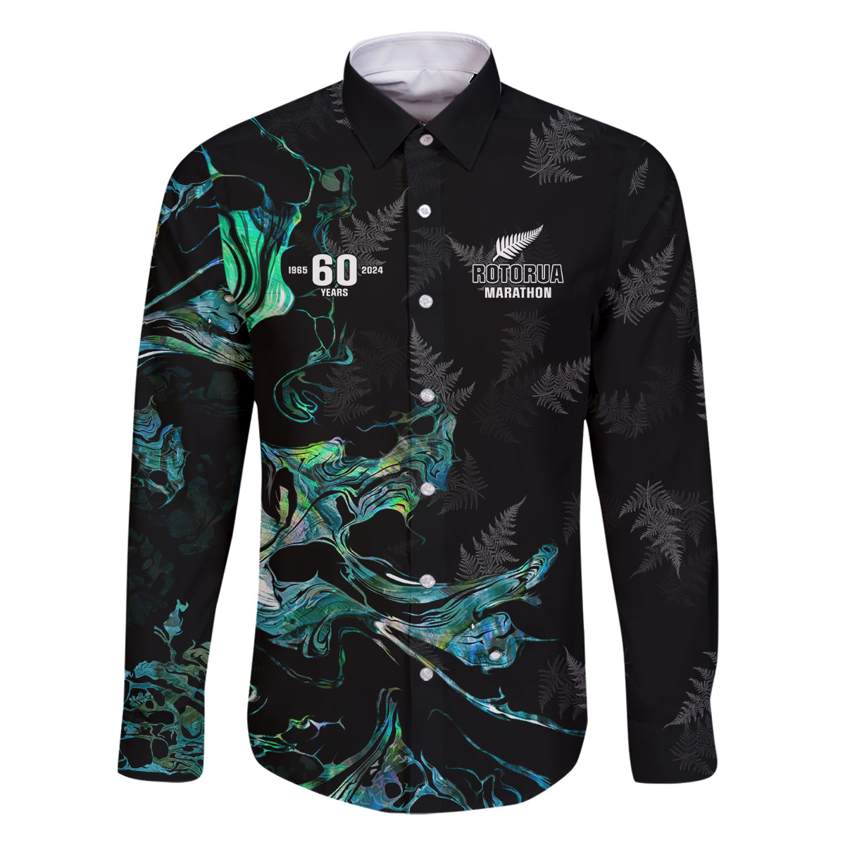 New Zealand Marathon Family Matching Summer Maxi Dress and Hawaiian Shirt Silver Fern Paua Shell Simple Style LT05 Dad's Shirt - Long Sleeve Black - Polynesian Pride