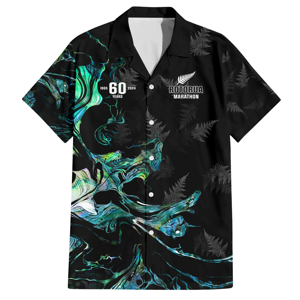 New Zealand Marathon Family Matching Tank Maxi Dress and Hawaiian Shirt Silver Fern Paua Shell Simple Style LT05 Dad's Shirt - Short Sleeve Black - Polynesian Pride