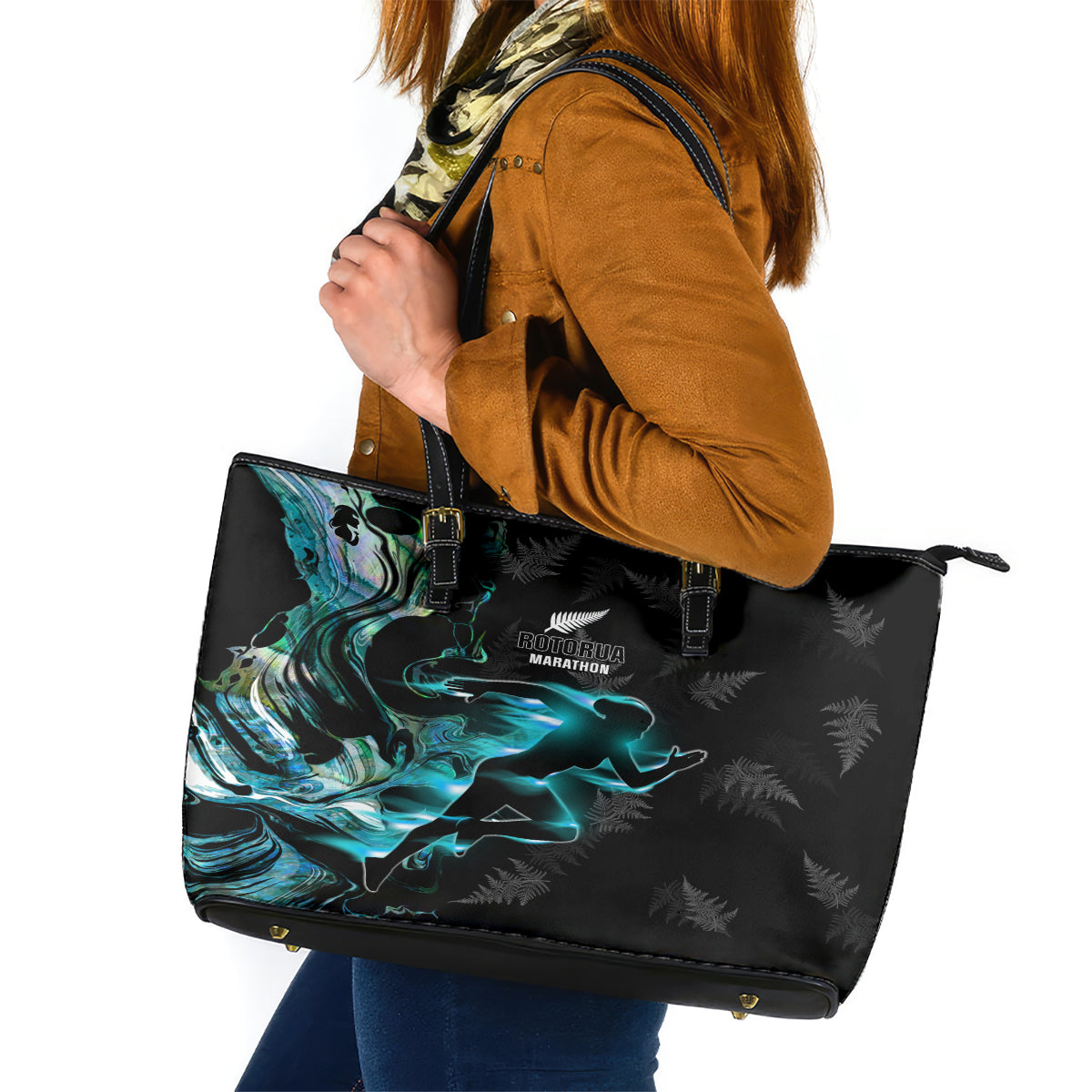 New Zealand Marathon Leather Tote Bag Silver Fern Paua Shell Simple Style LT05 Black - Polynesian Pride