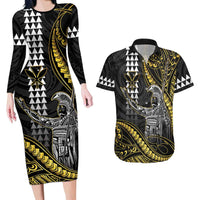 Hawaii King Kamehameha The Great Couples Matching Long Sleeve Bodycon Dress and Hawaiian Shirt Gold Tribal Tattoo LT05 Gold - Polynesian Pride