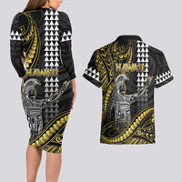 Hawaii King Kamehameha The Great Couples Matching Long Sleeve Bodycon Dress and Hawaiian Shirt Gold Tribal Tattoo LT05 - Polynesian Pride