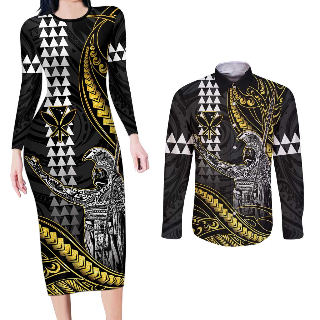 Hawaii King Kamehameha The Great Couples Matching Long Sleeve Bodycon Dress and Long Sleeve Button Shirt Gold Tribal Tattoo LT05 Gold - Polynesian Pride