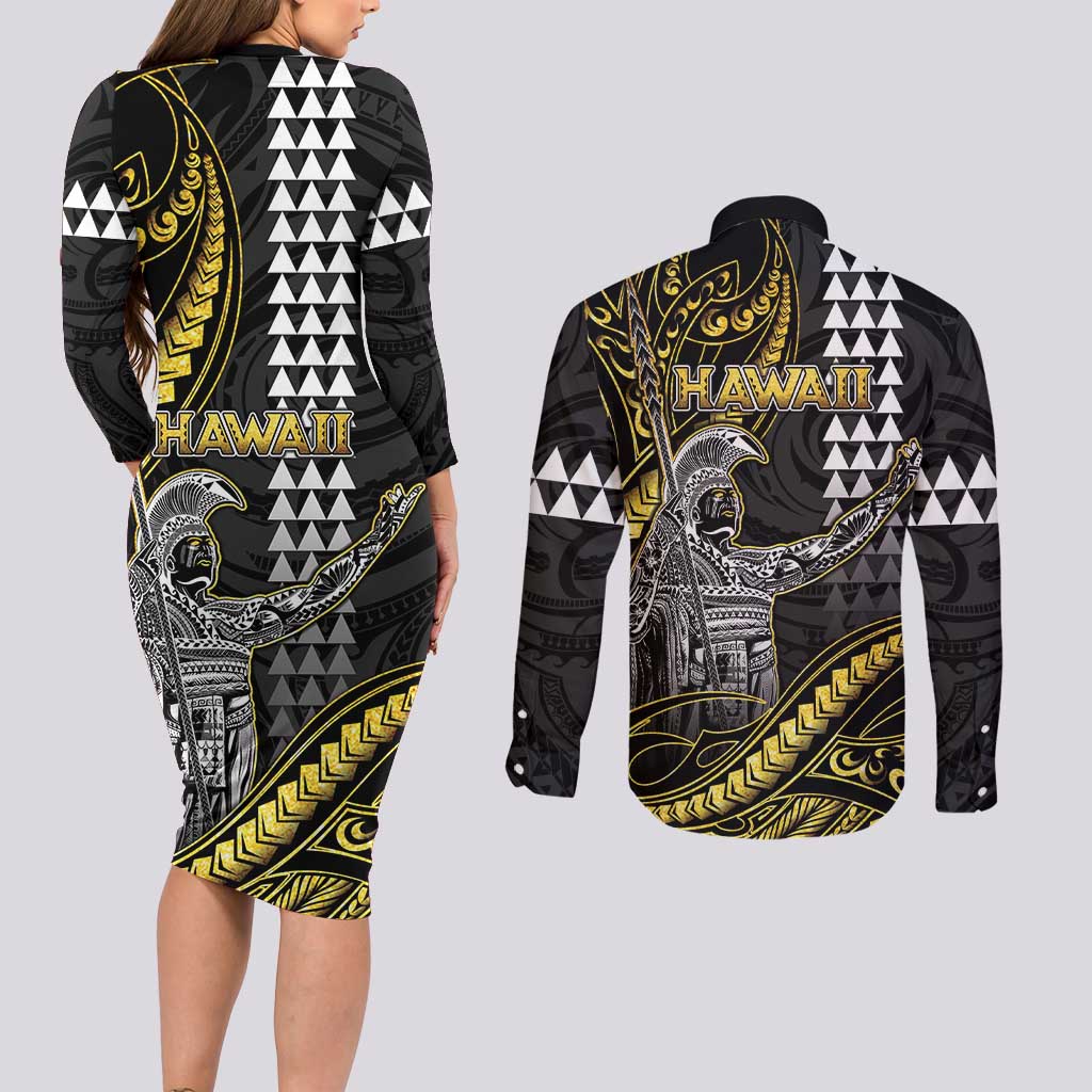 Hawaii King Kamehameha The Great Couples Matching Long Sleeve Bodycon Dress and Long Sleeve Button Shirt Gold Tribal Tattoo LT05 - Polynesian Pride
